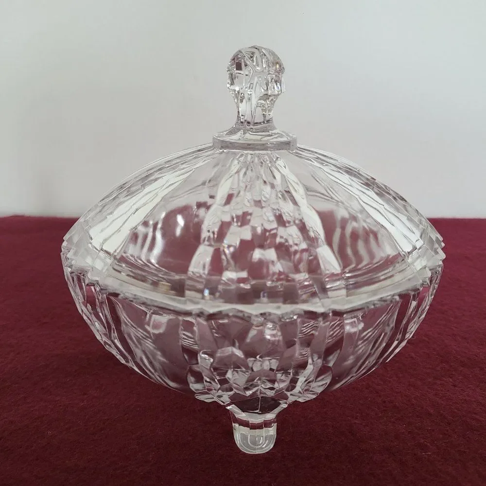 Three-Footed Pedestal Glass Candy Dish Covered Bowl Art Deco Geometric Design